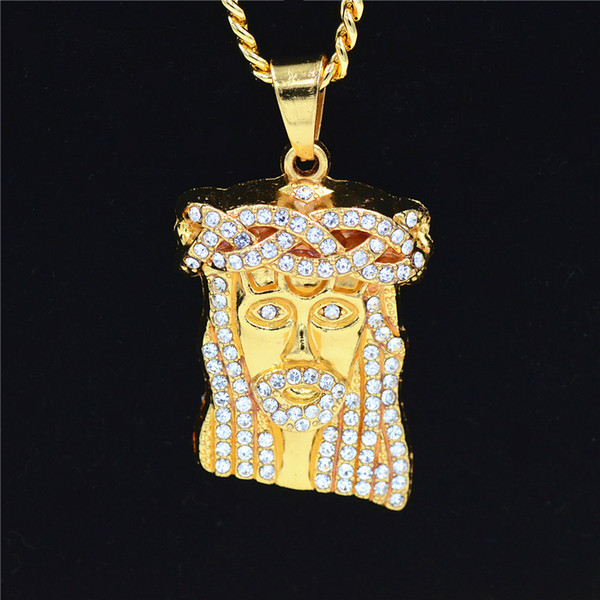 Uodesign HIP Hop Iced Out Crystal JESUS Christ Piece Head Face Pendants Necklaces Gold Chain for Men Jewelry