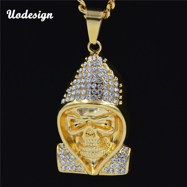 Uodesign New Arrival Iced Out Full Rhinestone Hiphop Skull Pendent Men Fashion Chain Necklace Jewelry