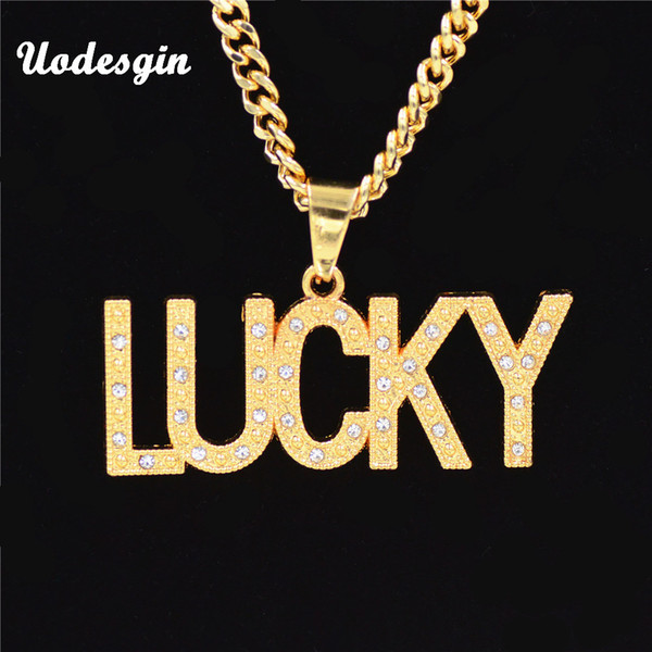 Uodesign Crystal Letter Lucky Pendants Necklaces Golden Bling Jewelry Gifts Men Women Hip Hop Charm Rhinestone Chains