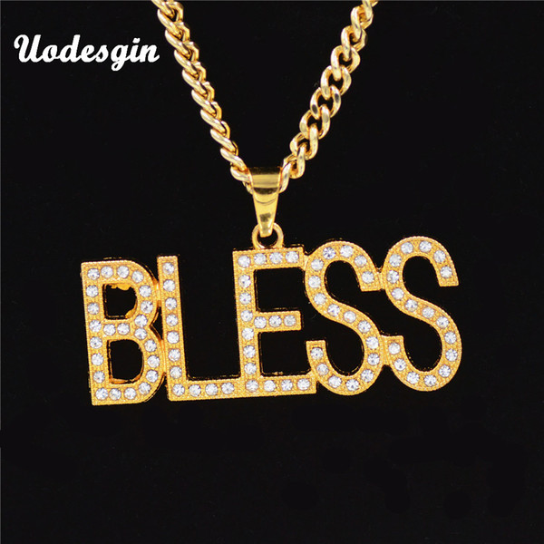 Uodesign Mens Women Golden Iced Out God Jesus BLESS Necklaces Charm Crystal Chains bling Pendants Hip Hop Rappers Jewelry Gifts