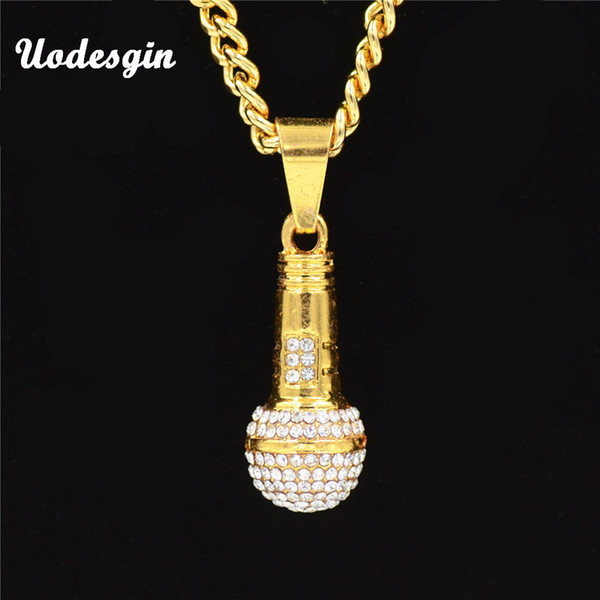 Uodesign Mini Microphone Charm Pendant Necklace Women Mens Chain Hip HOP Gold color Iced Out Paved Rhinestones