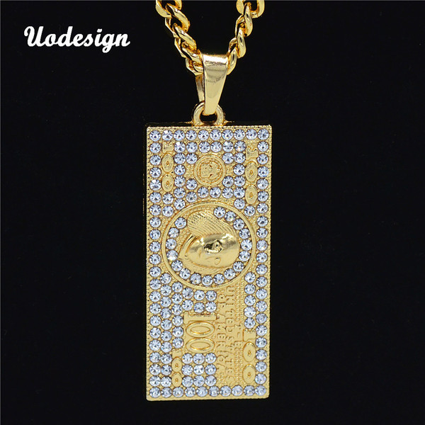 US$100 Dollar Money Necklaces Pendants Male Crystal Gold Color Chain For Men Rhinestone Hip Hop Bling Jewelry