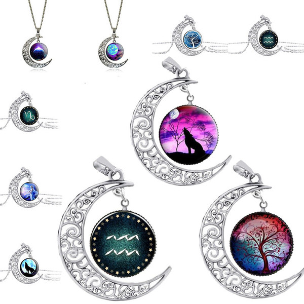 64 Designs Glass Cabochon Necklace Tree of Life Galaxy Moon Zodiac Wolf Fairy Necklace Pendants Fashion Jewlery Will and Sandy Drop Ship