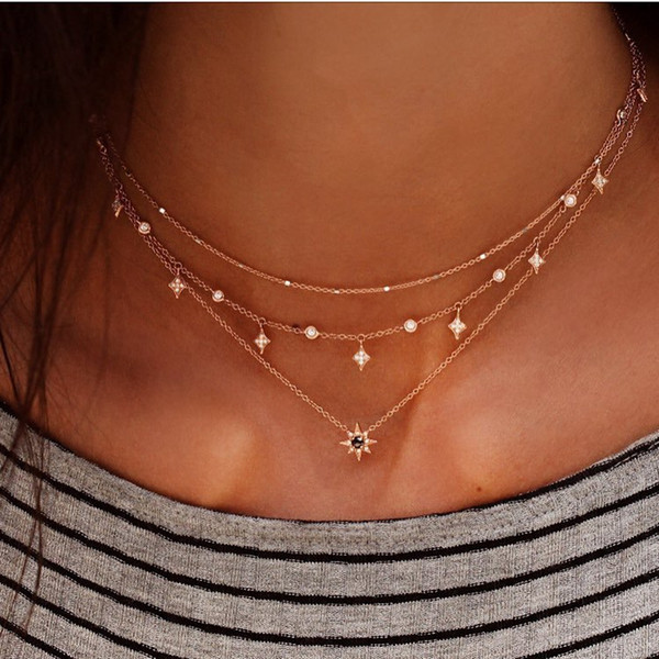 Crystal Star Necklace Gold Chain Multilayer Necklace Chokers Wrap Designer Necklace Fashion Jewelry for Women Gift Will and Sandy 380152