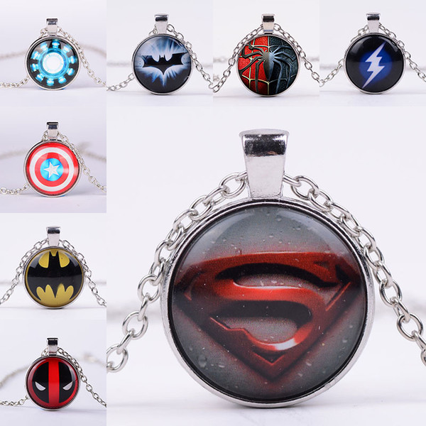 Super Heroes Glass Cabochon Necklace Batman Superman Spiderman Deadpool Captain America Flash Iron Man Heart Necklaces Will and Sandy Drop