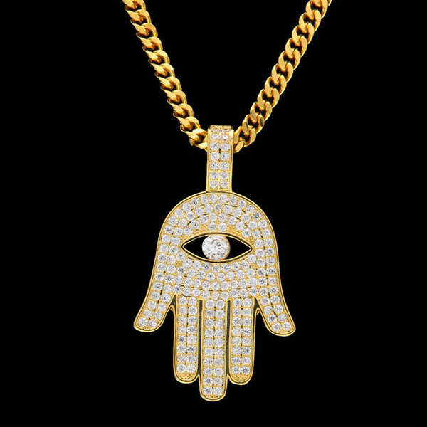 Full Rhinestone Ice Out chain Gold Plated Hiphop Khamsah Pendant Necklaces For Mens Hand Eye Pendants Hip Hop Jewelry drop ship