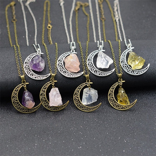 Natural Stone Moon Necklace Crystal Stone Pendants Designer Necklaces for Women ancient Silver Plated Fashion Jewelry 161729