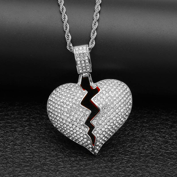 Broken Heart Iced out Hip hop Pendant Necklace Men's Bling Cubic Zircon Crystal rhinestone Love charm Gold Silver Twisted chain For women