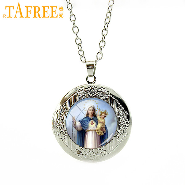 TAFREE High quality art picture glass cabochon locket pendant necklace Virgin Mary of children Christian Catholic gift women jewelry VM22