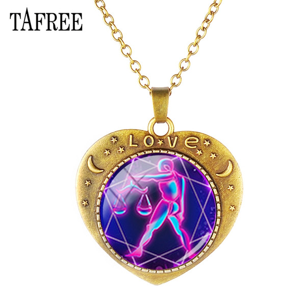 TAFREE 12 Zodiac Sign Pendants Heart-Shaped Necklace Antique Bronze Plated Glass Cabochon Choker Christmas New Year gift XZ56