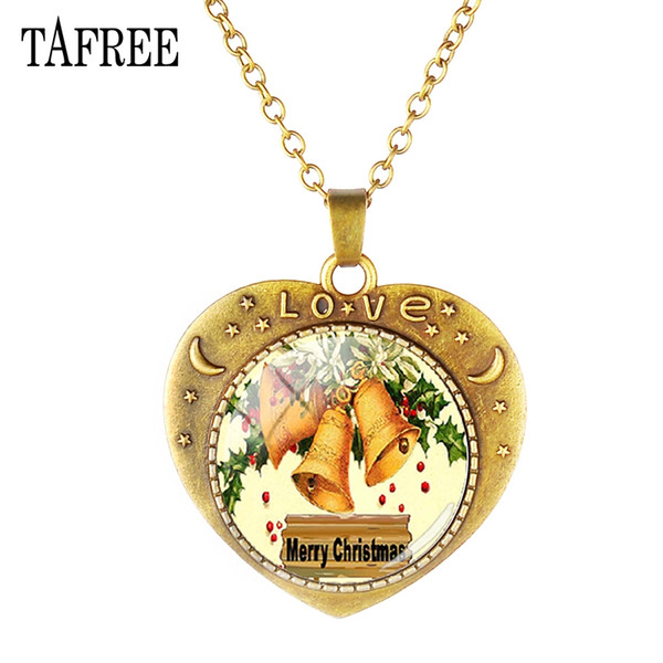 TAFREE Christmas tree and christmas present Heart-Shaped Necklace Glass Cabochon Pendant Necklace For Women Kids Jewelry J104