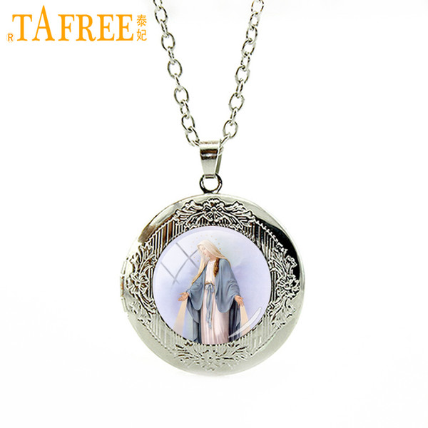 TAFREE New hot sale fashion silver plated locket Necklace Virgin Mary Religious Catholic Glass Bezel Pendant jewelry gift VM35