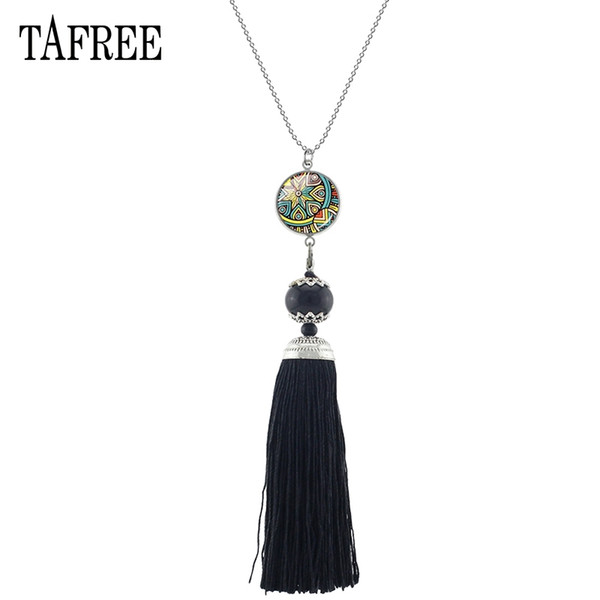 TAFREE Yoga Mandala Tassel Pendants Necklaces Bohemia Fringed Statement Necklace For Women Handmade Wedding Long Jewelry HN205