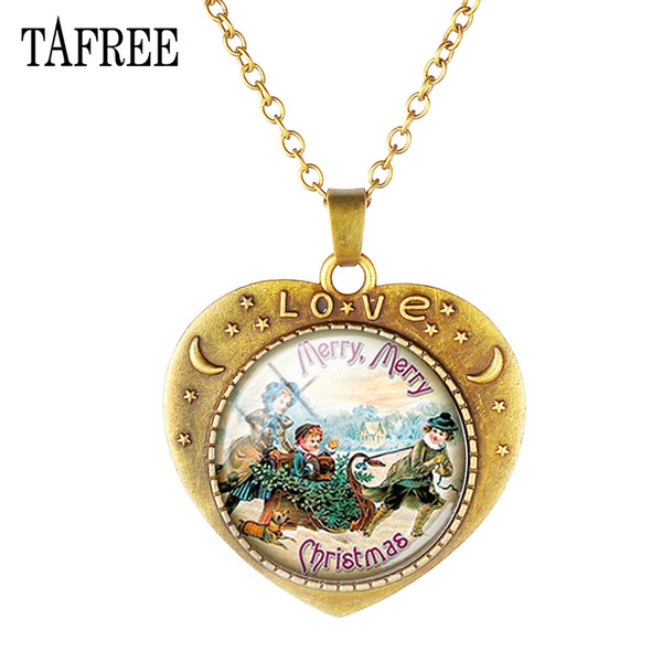 TAFREE vintage Picture Santa Claus With gift Heart-Shaped Necklace Glass Dome Necklace For Women Kids Custom Jewelry CM120