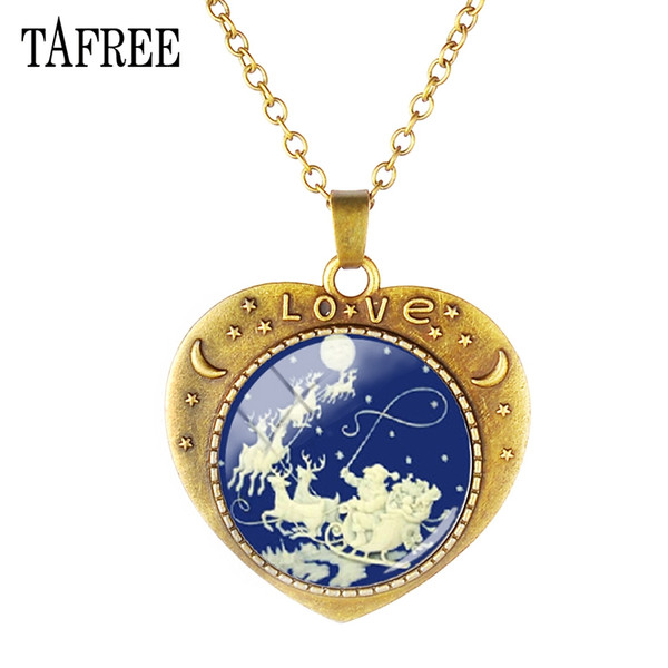 TAFREE Christmas Heart-Shaped Necklace Cute Snowman Santa Claus Elk Snowflake Pendants Necklaces For Women Jewelry Gifts J201