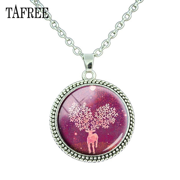 TAFREE Snowman Elk Picture Silver Plated necklace jewelry women Christmas Glass Cabochon pendant necklace Christmas gift CM40