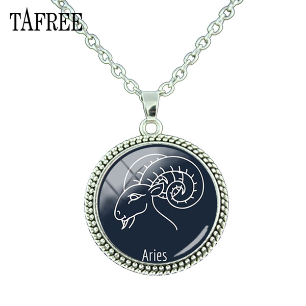 TAFREE Women Pendant Necklace Design 12 Constella Zodiac Sign Horoscope Astrology Necklace For Women Men Glass Cabochon XZ01