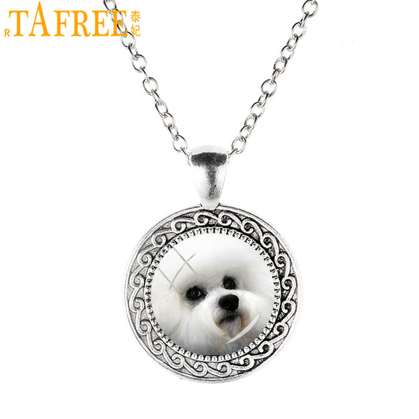 TAFREE Fashion Antique Silver Color Bichon Beagle Collie Pet Dog Round Glass Cabochon Pendant Necklaces Women Jewelry Gift DG16