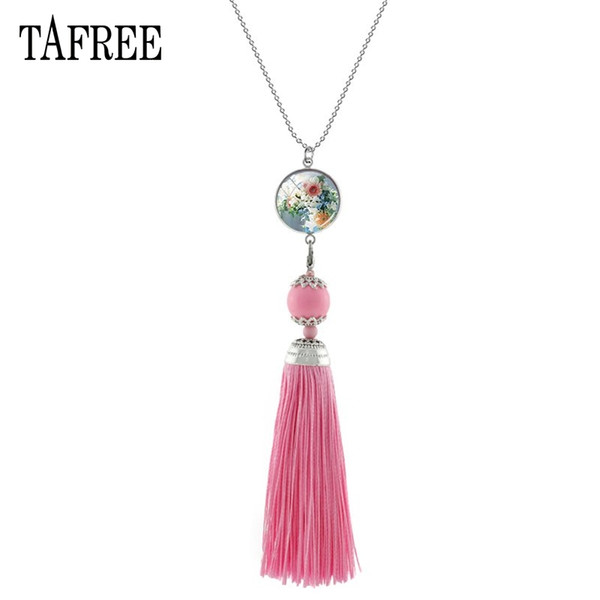 TAFREE Flower Tassel Pendants Necklaces New Arrival Glass Dome Statement Necklace Women Girls Party Wedding Gifts Jewelry FL30