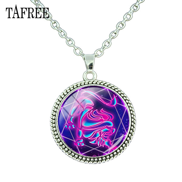 TAFREE 12 Constella Zodiac Sign Necklace Leo Virgo Necklace Glass Cabochon Pendant Silver Plated Pendant Birthday Gift XZ54