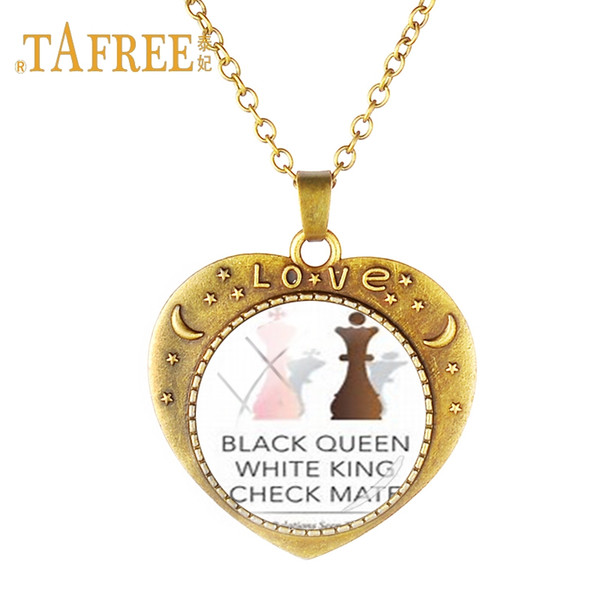 TAFREE 2017 New I love chess Heart-shaped necklace Women Necklace pendant chess retro Glass jewelry E587