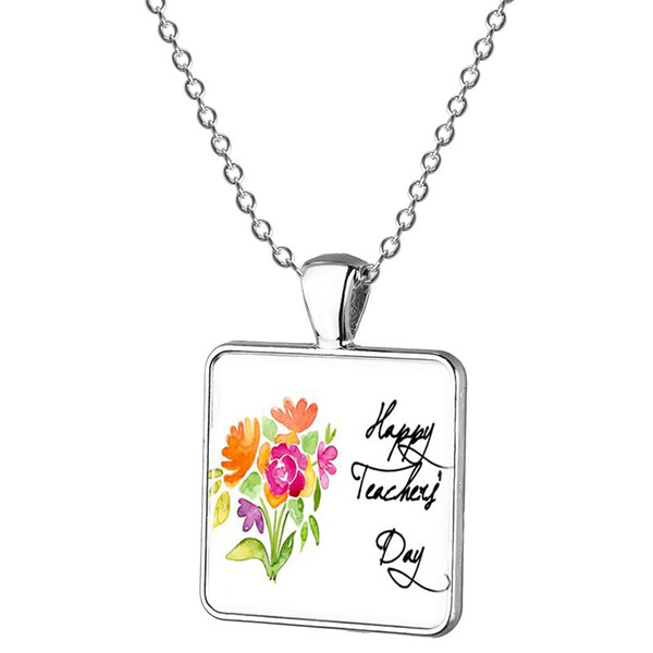 TAFREE Flower & Happy Teacher's Day Pendants Necklaces Fashion Classic Glass Cabochon Gem Statement Necklace Silver Color Jewelry Gift FQ461