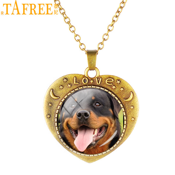 TAFREE Retro Heart Shape Animal Pendant Necklaces Antique Bronze Plating Pet Dog Glass Dome Chains Necklace Gifts Jewelry DG36