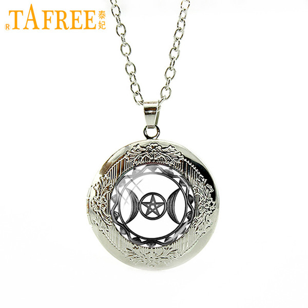 TAFREE Wholesale Triple Moon Goddess locket Pendant Necklace galaxy planet star nebula statement men women jewelry N475