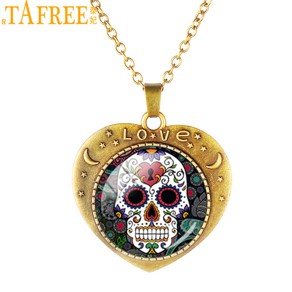 TAFREE Fashion Skeleton Skull Necklace Heart Shape Creative Love sugar Hole Skull-faced Man Art Picture Glass Dome Necklaces Sk03