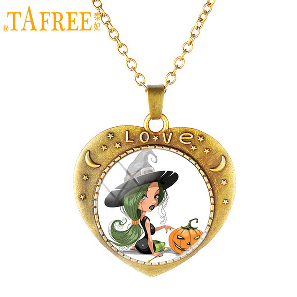 TAFREE Fashion Halloween Witch Necklaces Antique Bronze Heart Shape Love Choker Neck Chains Cartoon Art Picture DIY Design J598