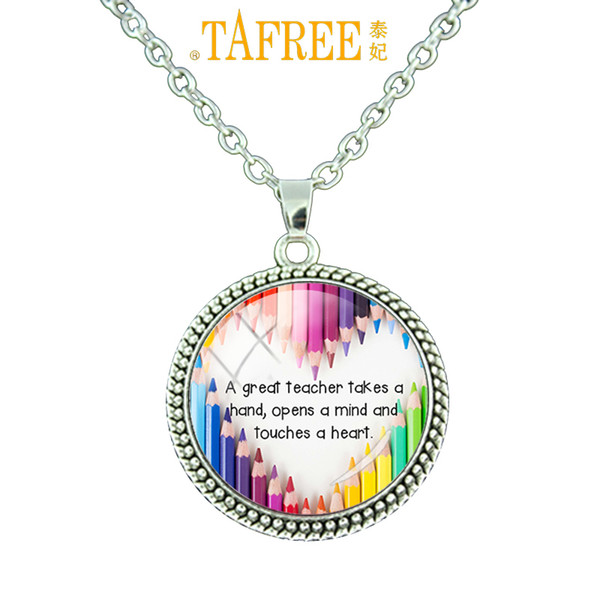 TAFREE 2017 Teacher's Day gifts Necklace A great teacher takes a hand opens mind and touches a heart shapes Glass jewelry CT669