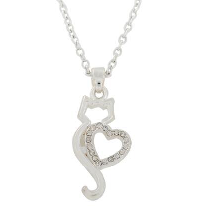 lemegeton Retail Fashion Fishhook Wholesale Alloy Elegant Lady Hollow Kitten And Crystal Love Heart Pendant Necklace