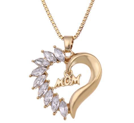 lemegeton Fishhook Dropshipping Fashion Crystal Gold Color Open Heart Mom Necklace for Mother's Day Gift Jewelry