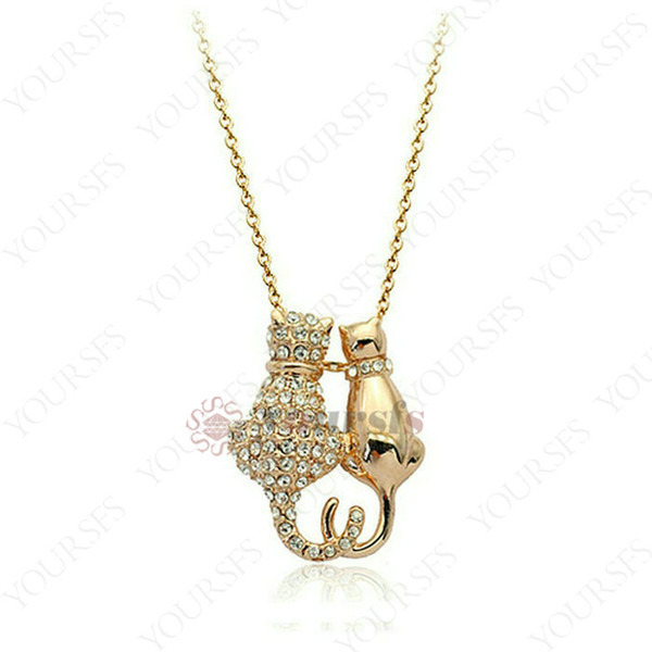 Yoursfs Trendy Sweet Love Twins Cat Pendant Necklace Austrian Crystal 18K Gold Plated Elements Silver Gold Chains For Women Fashion Jewelry