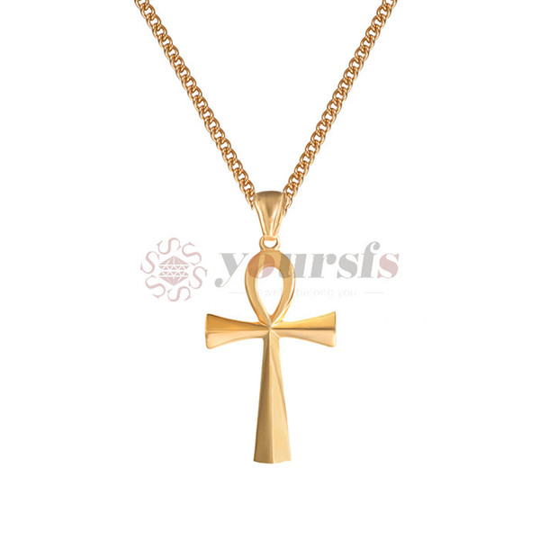 Yoursfs New Fashion Christian Titanium Steel Cross Necklace Religious Egyptian Ankh Cross Pendant & Necklace Gold Color Stainless Steel