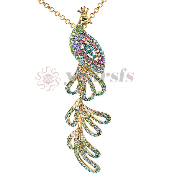 Yoursfs Peacock Necklace For Women 18k Gold Plated Colorful Rhinestone long Chain Sweater Necklace