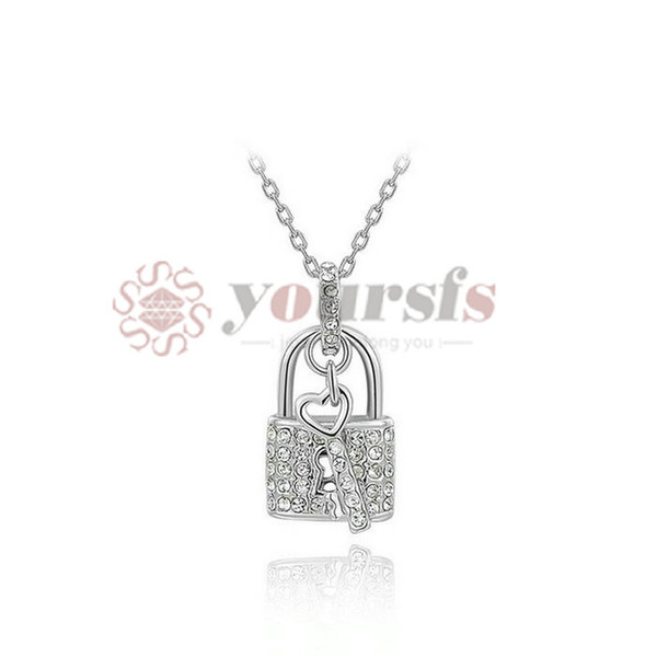 Yoursfs Gorgenous 18K White Gold Plated Simple Crystal Love Lock Charm Pendant Necklace Silver Necklaces Chains For Women's Fashion Jewelry