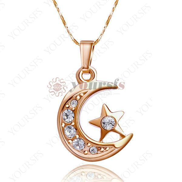 Yoursfs Elegant Christmas Gift 18 k Gold Plated Necklace 18 K White Gold Plated Use Crystal Moon Star Pendant Necklace For Women Jewelry