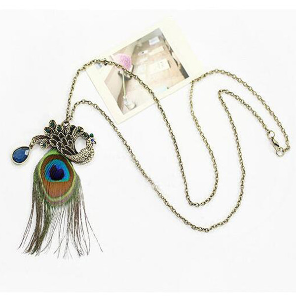 Good Quality Fashion Popular Peacock Feathers Pendants Necklaces Bohemia Vintage Women Sweater Chain Necklace Choker Jewelry