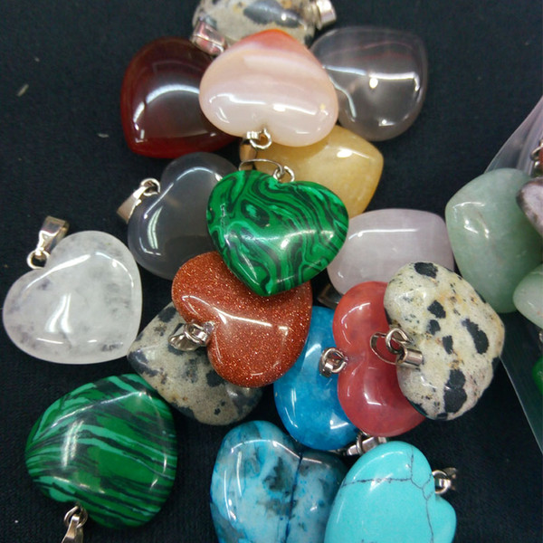 50pcs Mix Color Heart Natural Stone Pendants with Sand Stone Turquoise Quartz Malachite Red for Jewelry Necklace DIY Making