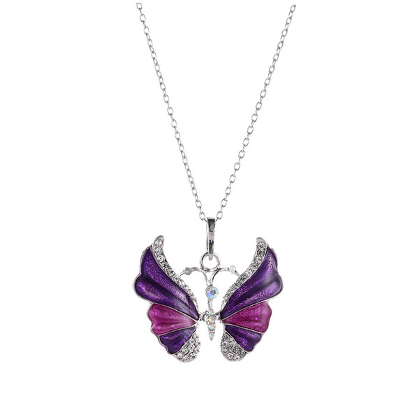 Hot Selling Trendy Crystal Butterfly Pendant Necklaces Multi Color Fashion Silver Long Chain Necklace For Women Jewelry Gifts