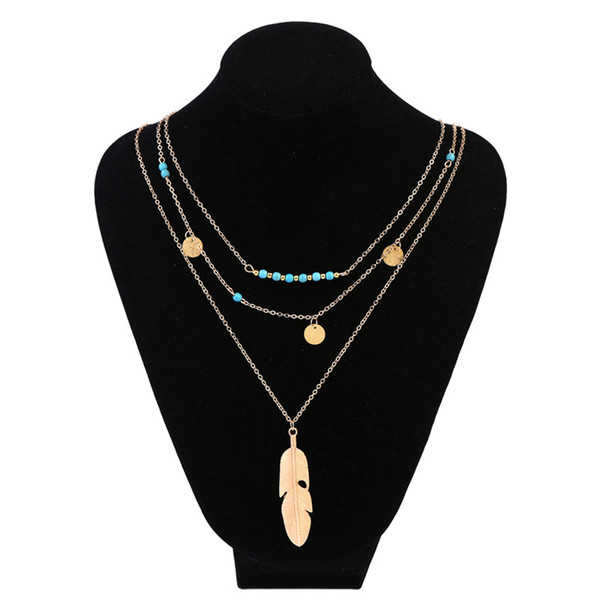 2017 New Fashion Feather Pendant Sequins Tassel Necklaces Gold Silver Bohemian Women Simple Chain Multilayer Necklace