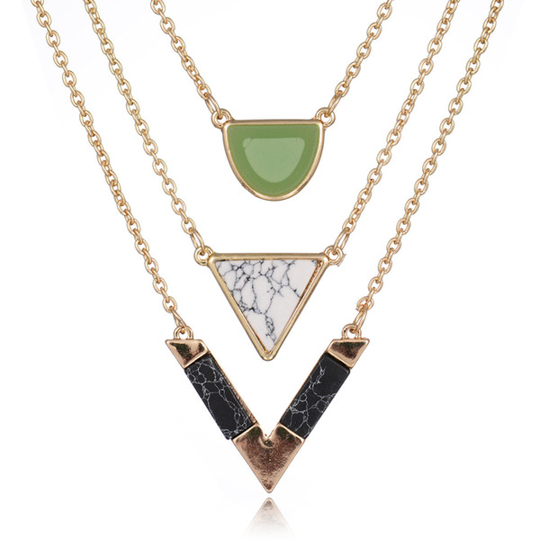 Women Gold Color Punk Necklaces Hot Sale Geometric Triangle Marble Stone Pendant Necklace Vintage Alloy Turquoise Jewelry