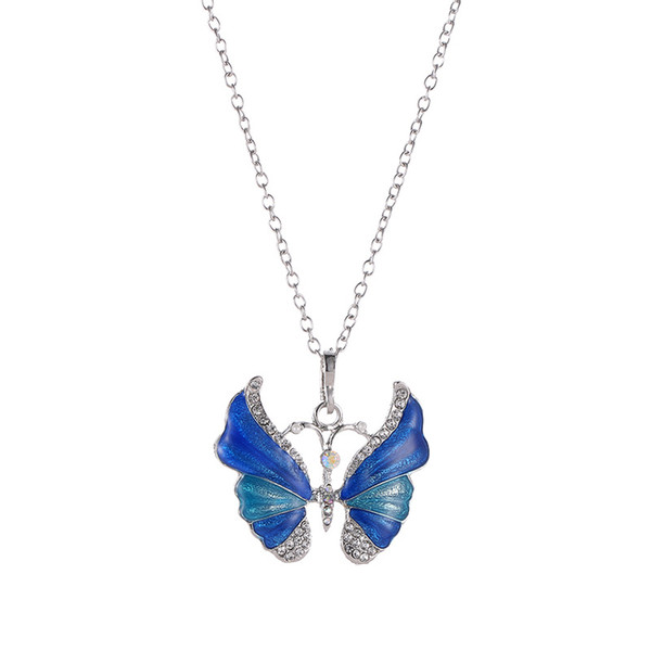 New Blue Crystal Vintage Butterfly Long Chain Necklace for Women Jewelry Fashion Animal Pendant Necklaces Girls Birthday Gifts