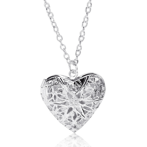 Silver Color Hollow Carved Can Open Locket Necklaces Fashion Women Choker Jewelry Link Chain Cute Heart Pendant Necklace Hot Sale