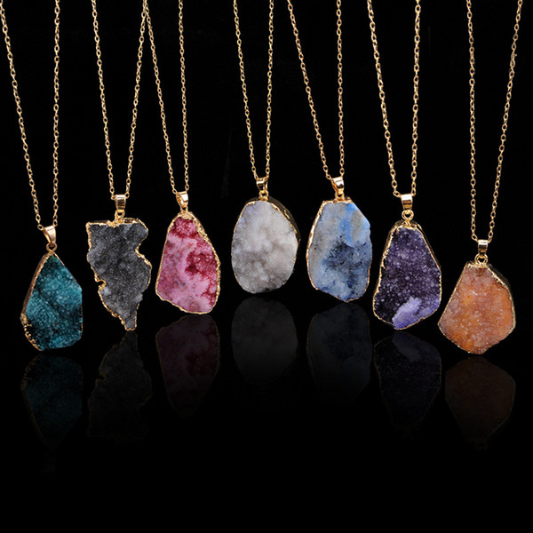 Irregular Natural Stone Quartz Crystal Pendants Necklace Drusy Druzy Gold Color Chain Statement Necklace for Women