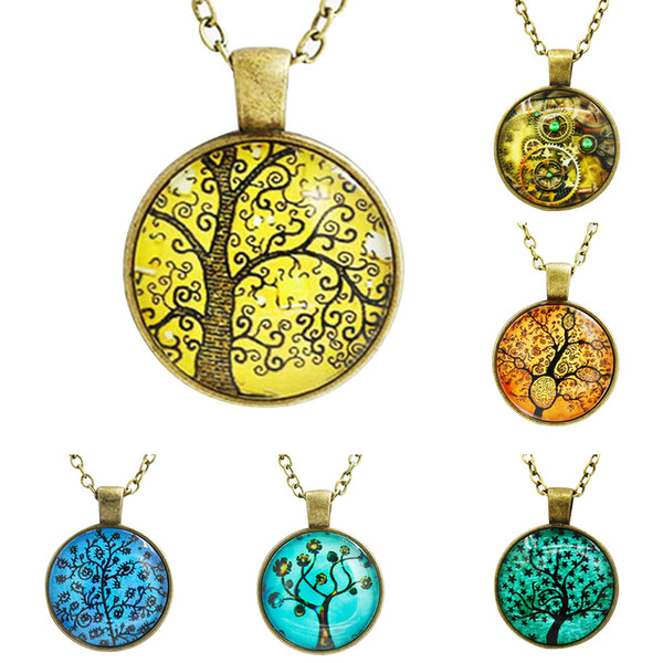 Fashionable Women Choker Necklace Big Tree Vintage Time Gemstone Pendant Necklace Elegant Temperament Tree of Life Sweater Chain