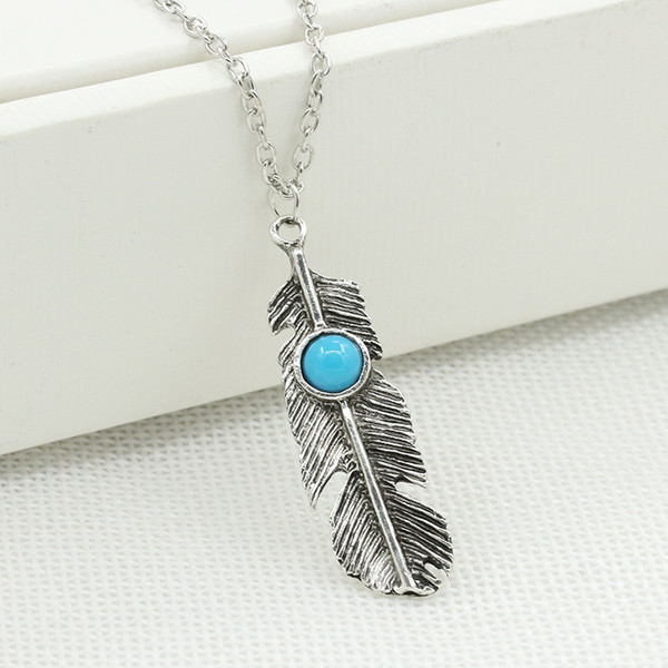 Fashion Vintage Feather Necklaces Simple Classic Leaves Style Alloy Turquoises Pendant Necklace Jewelry For Women Choker Silver