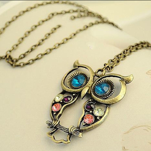 New Exquisite Vintage Women Alloy Crystal Owl Pendant Necklace Long Sweater Chain Jewelry Charm Fashion Necklaces Wholesale