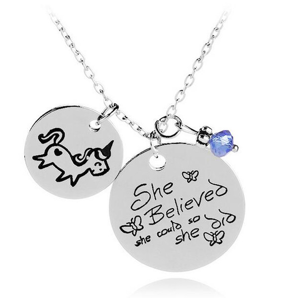 She Believed She Could So She Did Unicorn pendant Blue Bead Motivational Inspirational animal Jewelry letter necklace